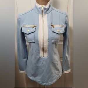 Stylish Blue and White Zip Up with Gold Accents